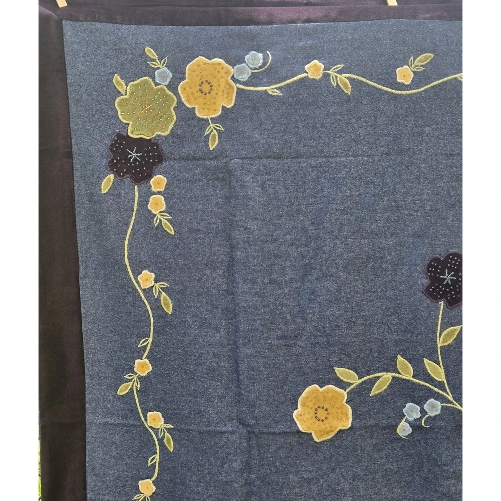 Rare Vintage Spiegel Home Cotton Embroidered Denim Throw/2 Matching Floral Shams